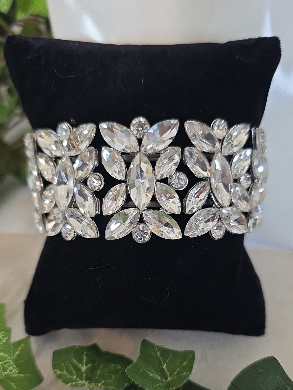 Silver Tone Rhinestone Marquise Cluster Wide Stretch Cuff Bracelet